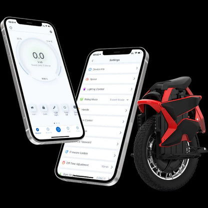 Electric Unicycle Kingsong S22 Pro Plus, features sleek design, with connected smartphone app showcasing speed and settings.