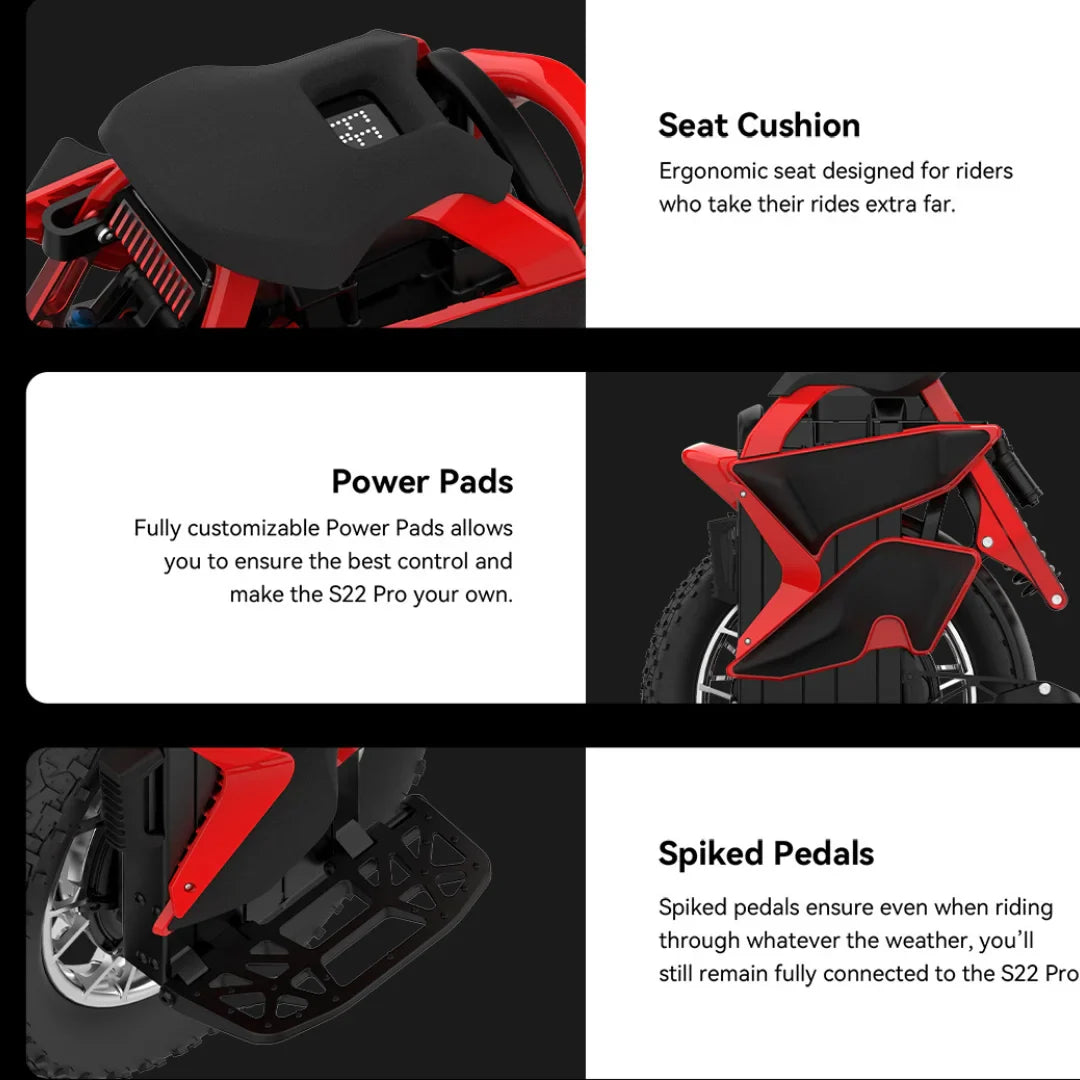 Electric Unicycle Kingsong S22 Pro Plus features an ergonomic seat, customizable power pads, and spiked pedals.
