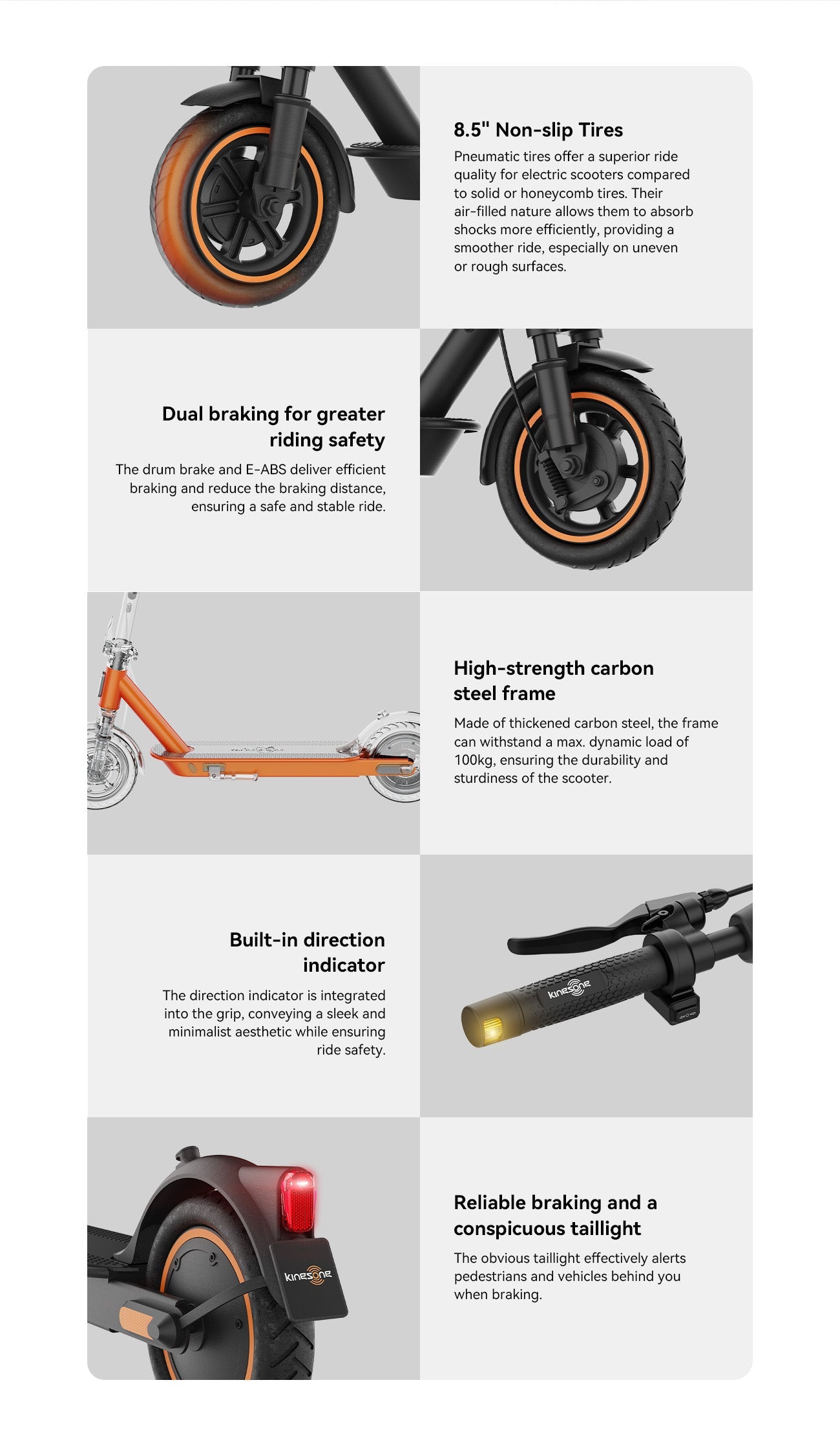 Kingsong E1, electric scooter with 8.5" non-slip tires, dual braking system, robust carbon steel frame.