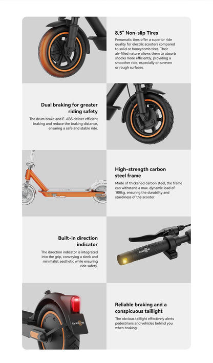 Kingsong E1, electric scooter with 8.5" non-slip tires, dual braking system, robust carbon steel frame.