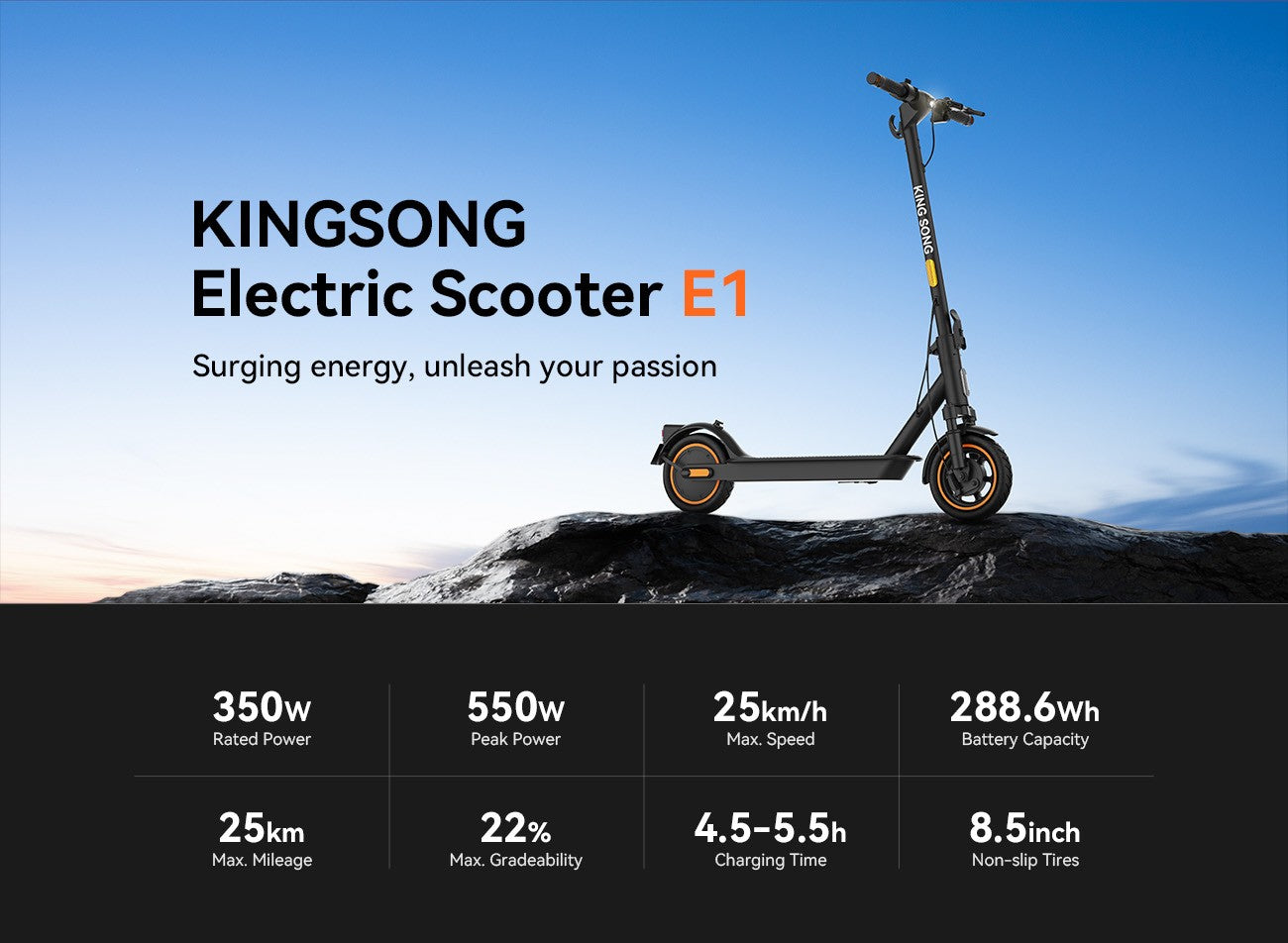 Kingsong E1 Electric Scooter, sleek design, 350W power, 25km/h speed, 288.6Wh battery, 8.5-inch tires.
