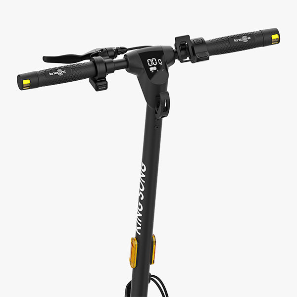 Kingsong E1, black electric scooter handlebars with display, grips, and brake levers.