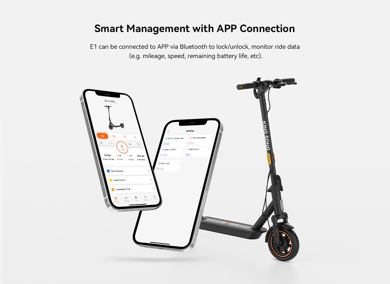 Kingsong E1, an electric scooter with app connectivity for data tracking and management.