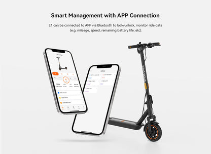 Kingsong E1, an electric scooter with app connectivity for data tracking and management.
