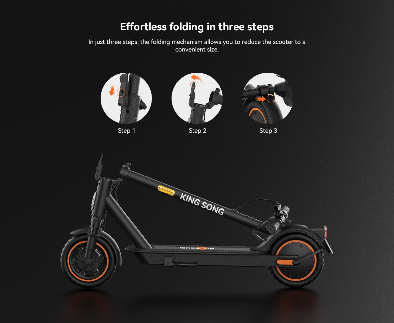 Kingsong E1, electric scooter, showcases an effortless three-step folding mechanism.