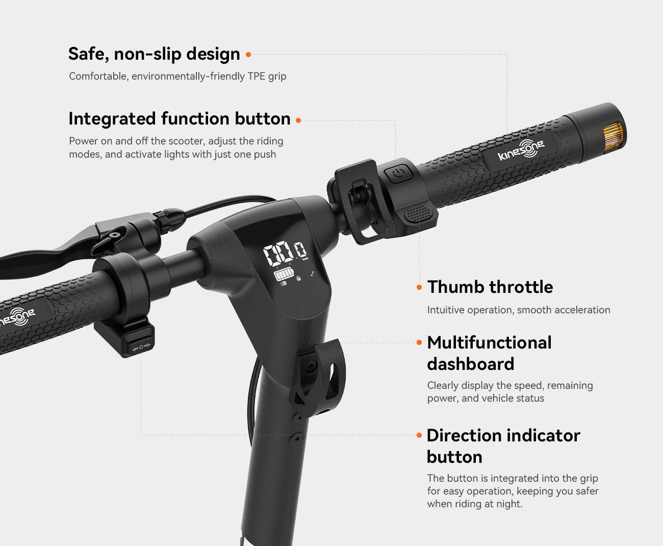 Kingsong E1 features a safe, non-slip TPE grip, integrated function button, and multifunctional dashboard.