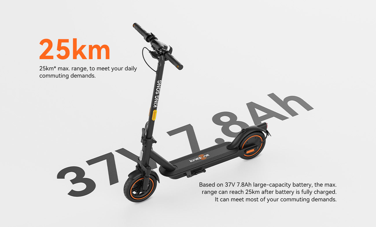 Kingsong E1, electric scooter with 25km max range, 37V 7.8Ah battery, ideal for commuting.