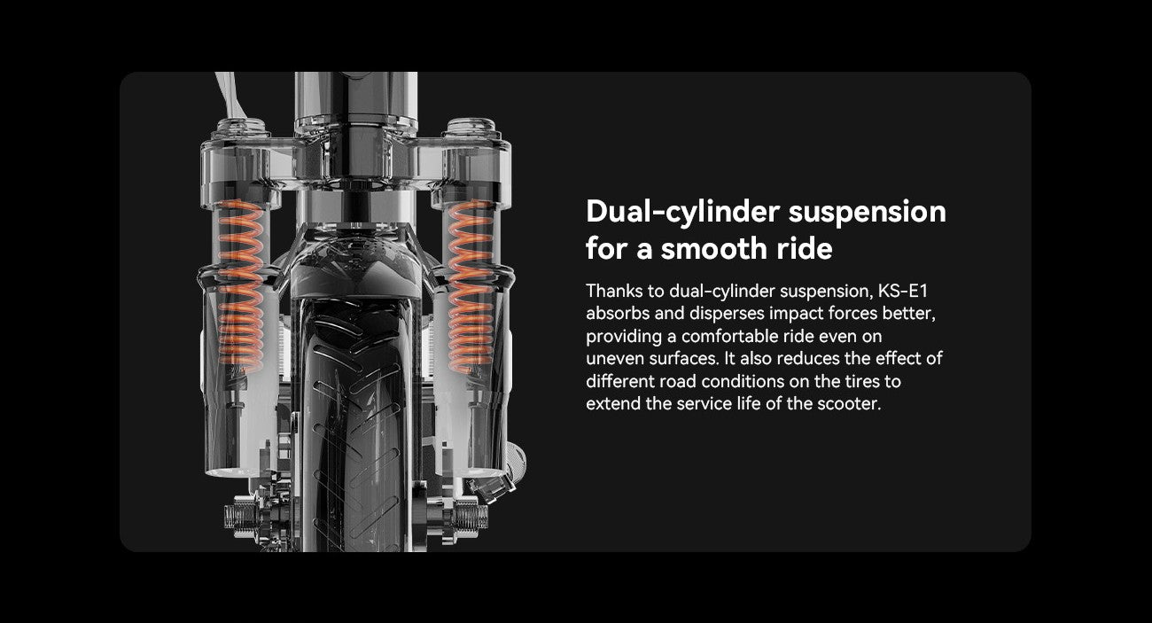 Kingsong E1, featuring dual-cylinder suspension for a smooth and comfortable ride on uneven surfaces.