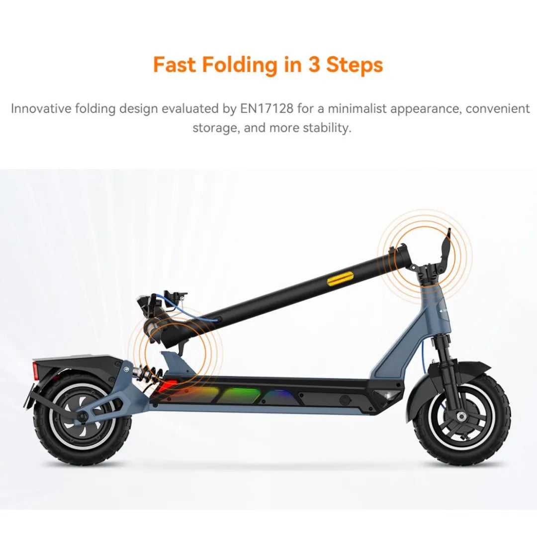 Electric scooter KingSong N12 Pro – folding mechanism diagram, blue colour variant