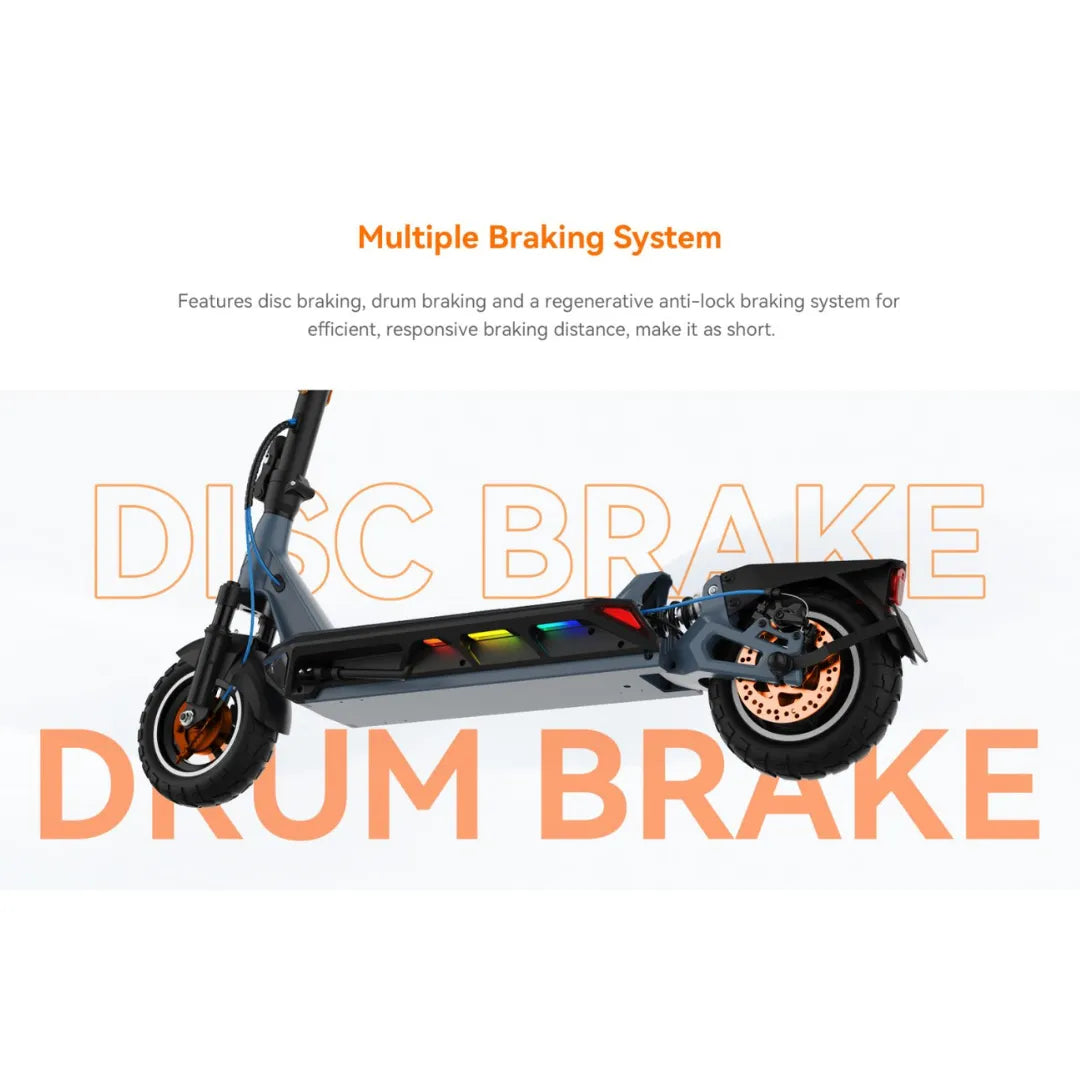Electric Scooter Kingsong N12 Pro features an advanced braking system with disc, drum, and anti-lock brakes.