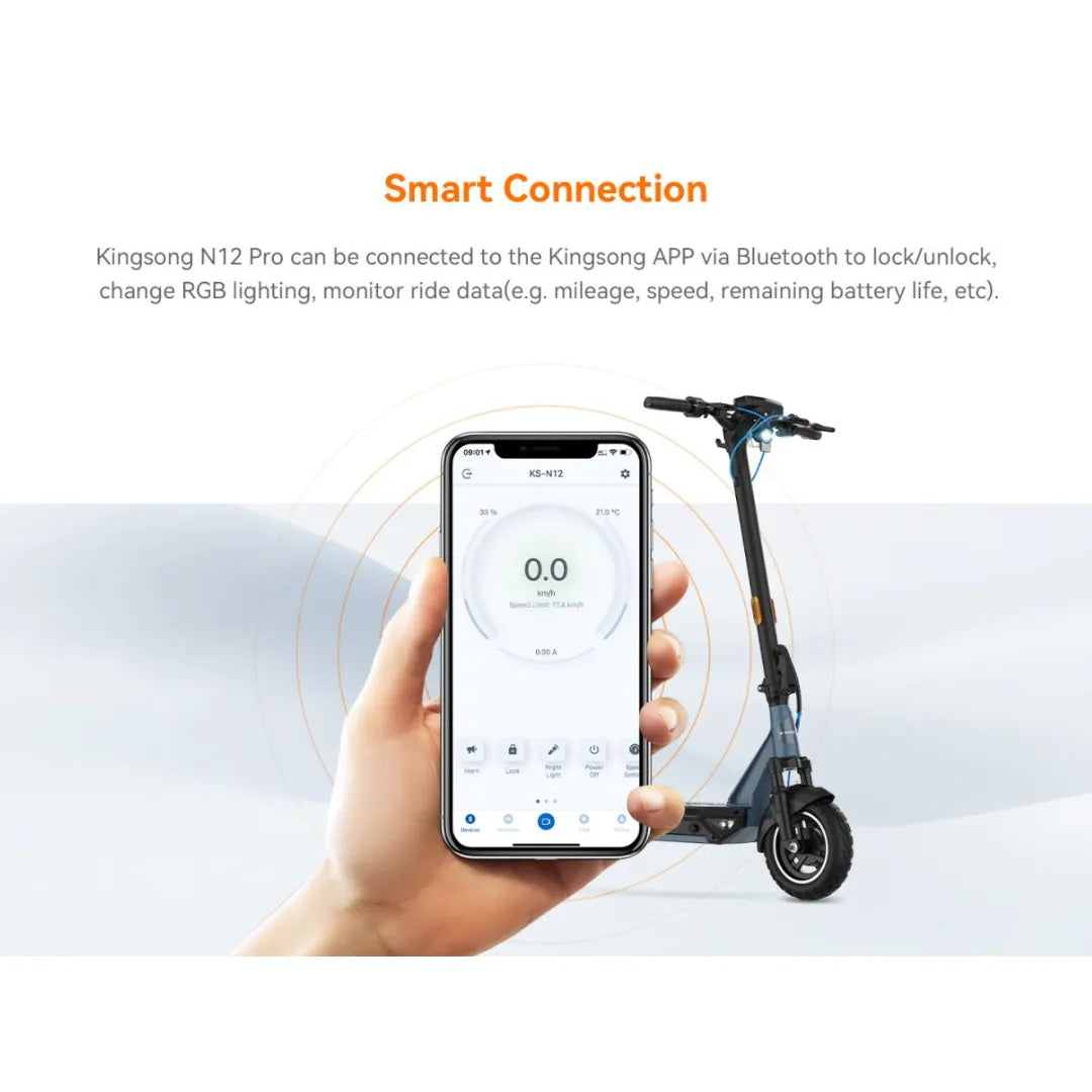 Electric scooter KingSong N12 Pro – hand holding phone with app, scooter in background