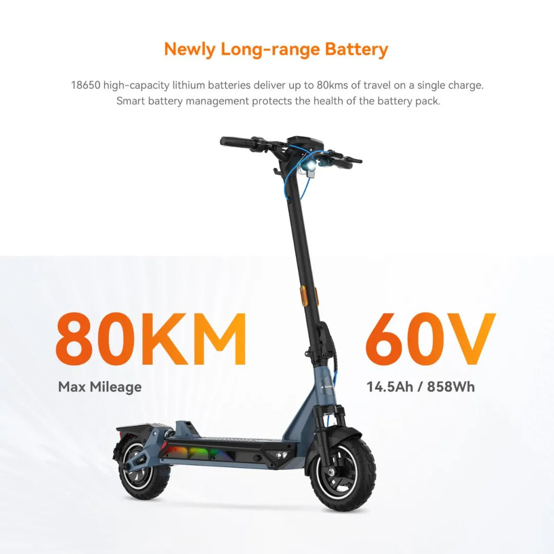 Electric Scooter Kingsong N12 Pro features a long-range 60V battery, offering up to 80km max mileage.