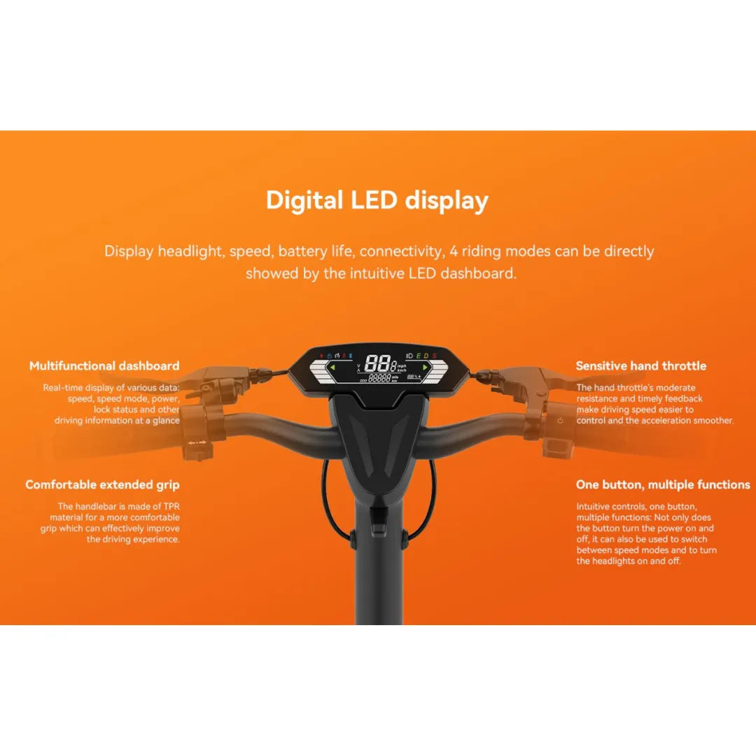 Electric Scooter Kingsong N14 features a digital LED display for speed, battery life, and riding modes.