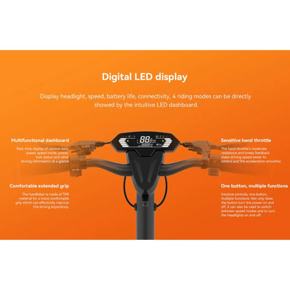 Electric Scooter Kingsong N14 features a digital LED display for speed, battery life, and riding modes.