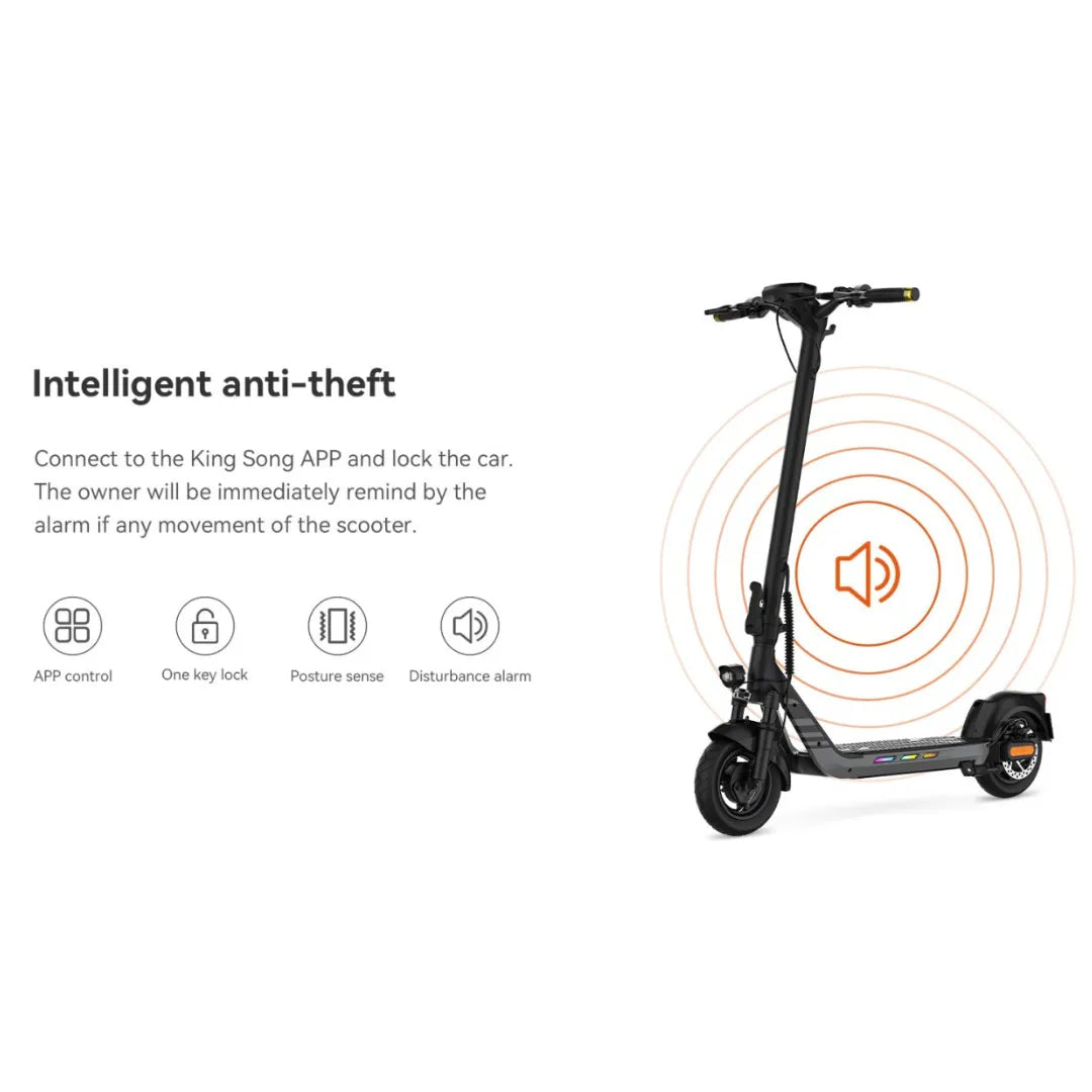 Electric Scooter Kingsong N14 features intelligent anti-theft system, alarm alerts for movement detection.