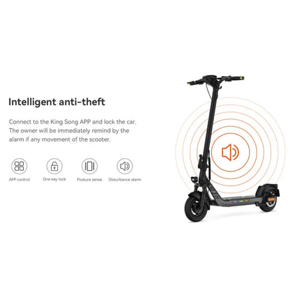 Electric Scooter Kingsong N14 features intelligent anti-theft system, alarm alerts for movement detection.