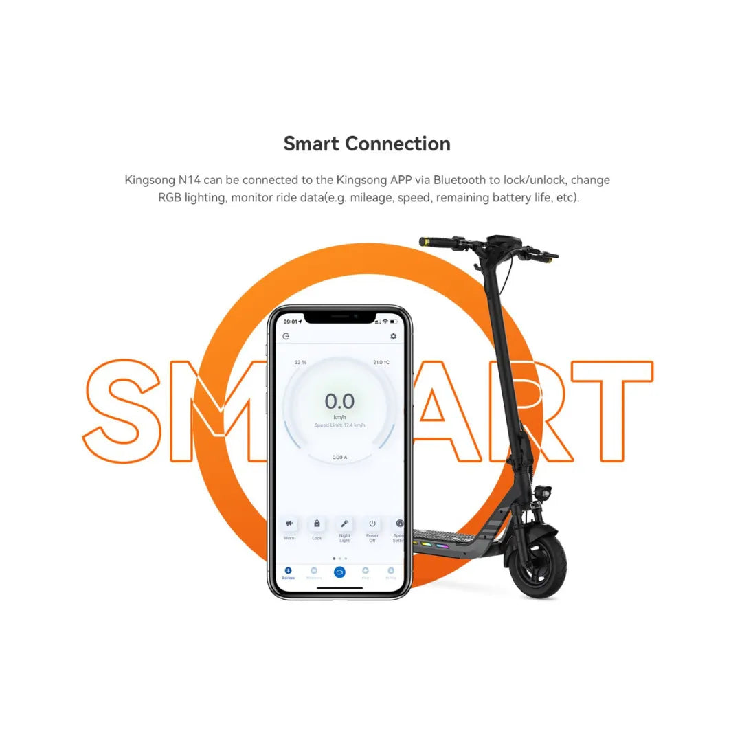 Electric Scooter Kingsong N14, features smart connectivity with a smartphone app for monitoring ride data and functions.