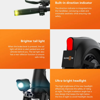Electric Scooter Kingsong N14 features integrated direction indicators, brighter tail light, and ultra-bright headlight.