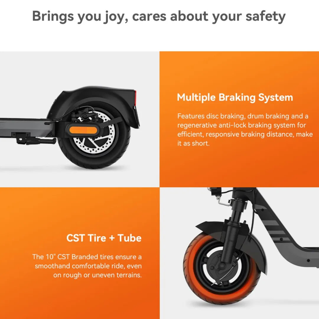 Electric Scooter Kingsong N14 offers a robust multiple braking system and 10" CST tires for smooth rides.