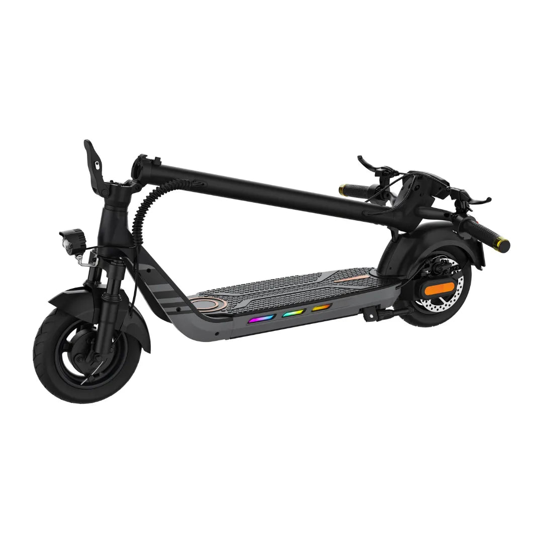 Electric Scooter Kingsong N14 features a sleek black design, illuminated deck, and compact foldable frame.