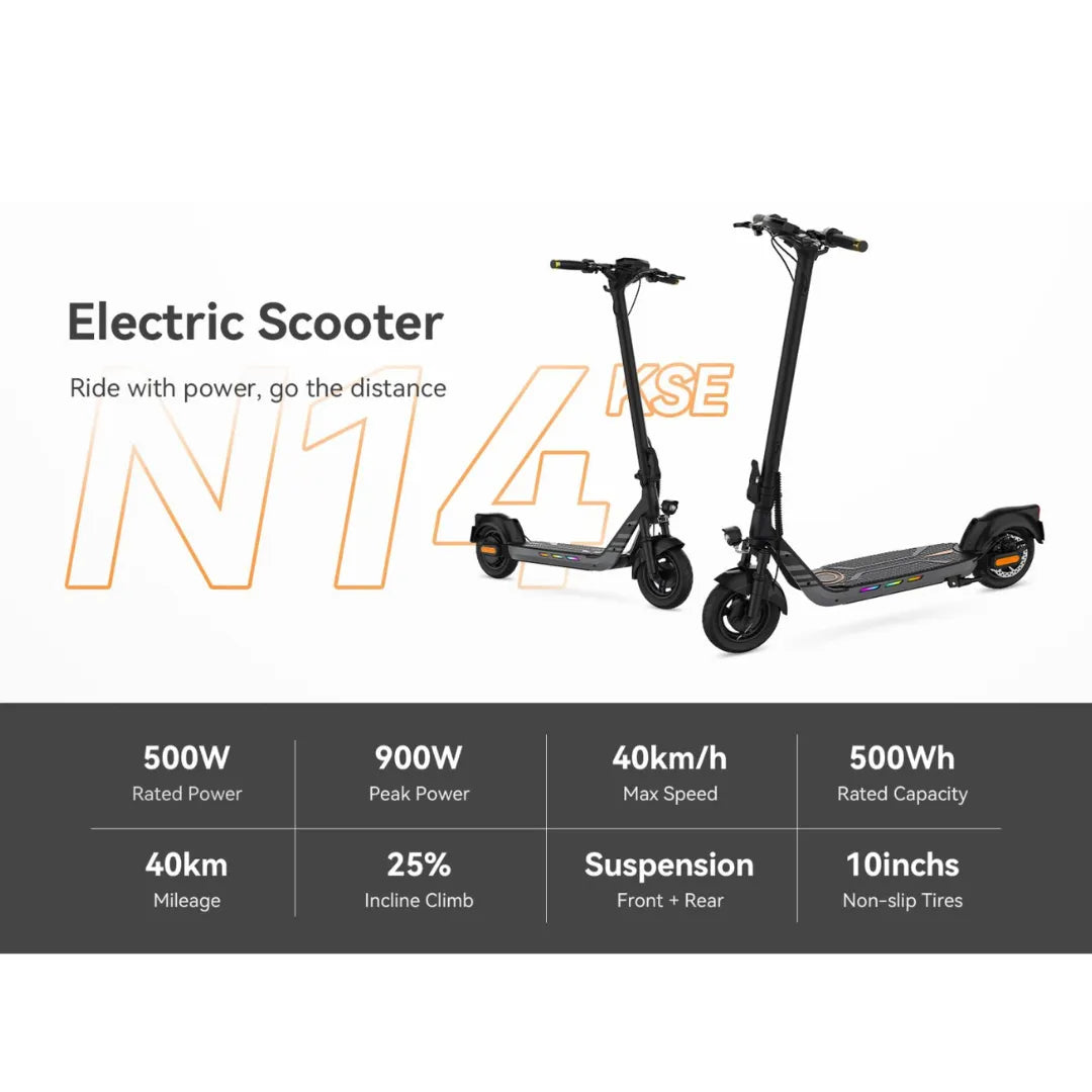 Electric Scooter Kingsong N14 features 500W rated power, 900W peak power, and 40km/h max speed.