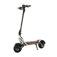 An electric scooter Kukirin A1 featuring a sleek design with a black and silver frame and all-terrain tires