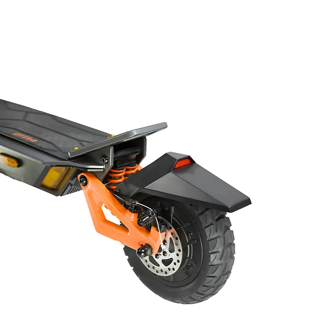Electric Scooter Kukirin G1 Pro features a sleek black design, with orange suspension and a robust rear wheel.