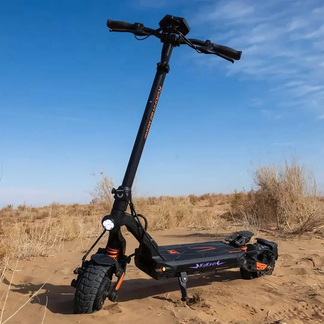 Electric Scooter Kukirin G2 Master features robust tires, sturdy frame, and sleek design for off-road adventures.