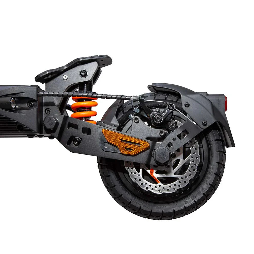Electric Scooter Kukirin G2 Master features a robust design, orange suspension, and a durable tire setup.