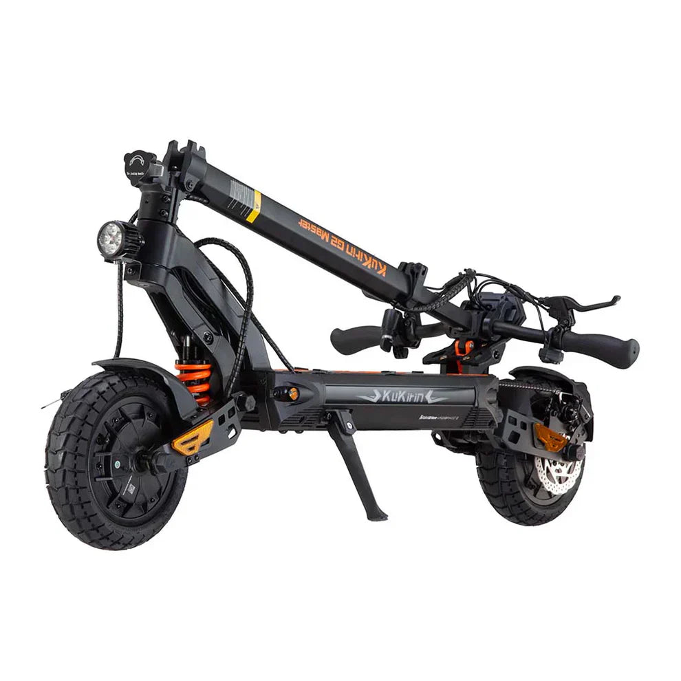 Electric scooter KuKirin G2 Master 2025 – folded side view, kickstand down