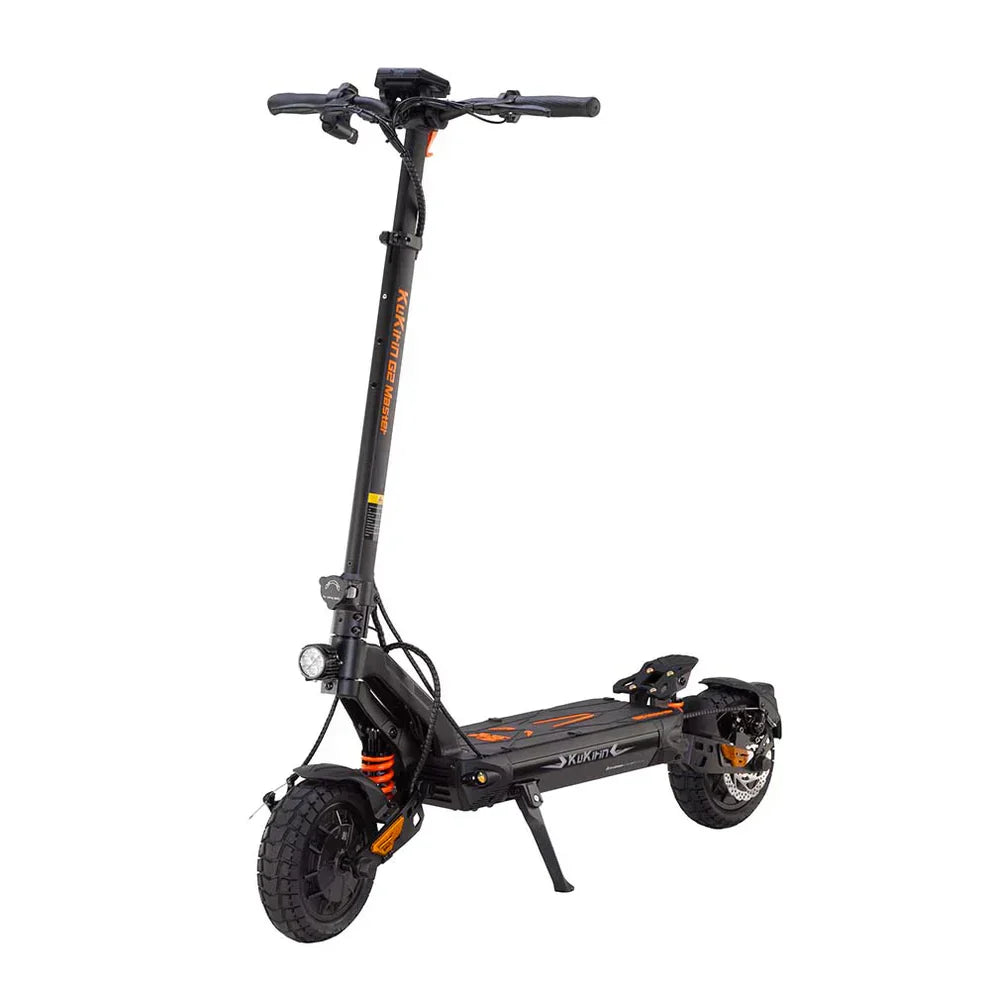Electric scooter KuKirin G2 Master 2025 – front three-quarter view, kickstand down