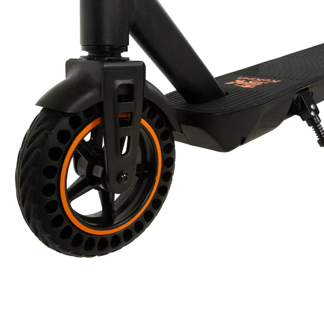 A close-up of the wheel and platform of the Kukirin S1 Max electric scooter, showing its design