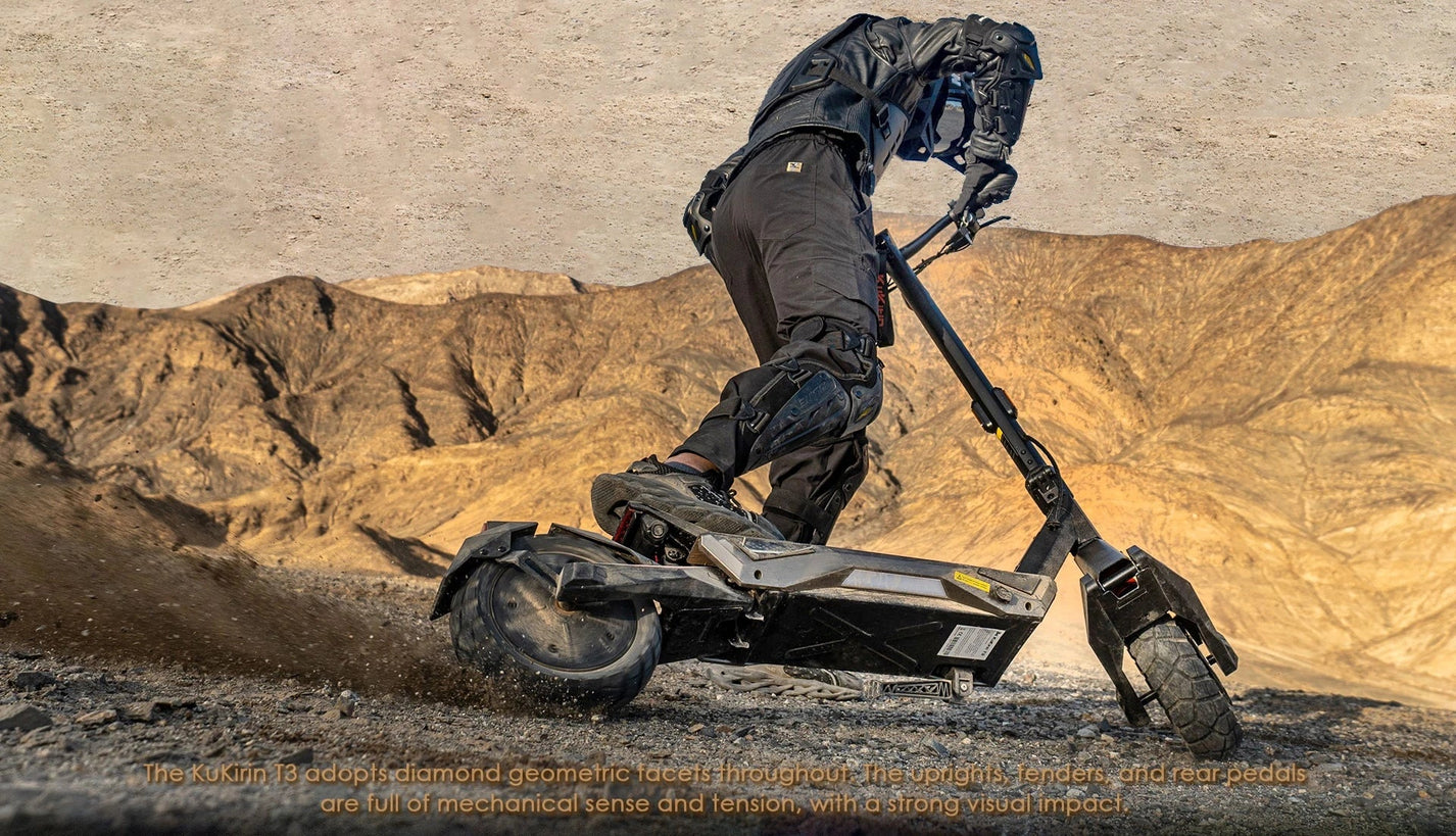 Electric scooter KuKirin T3 – rider on rough terrain, action shot