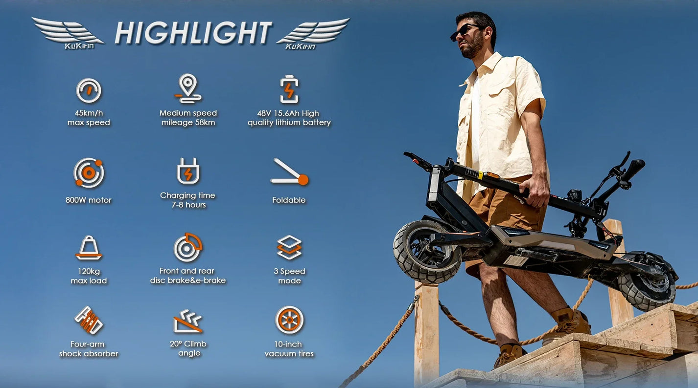 Electric scooter KuKirin T3 – man holding folded scooter, feature infographic