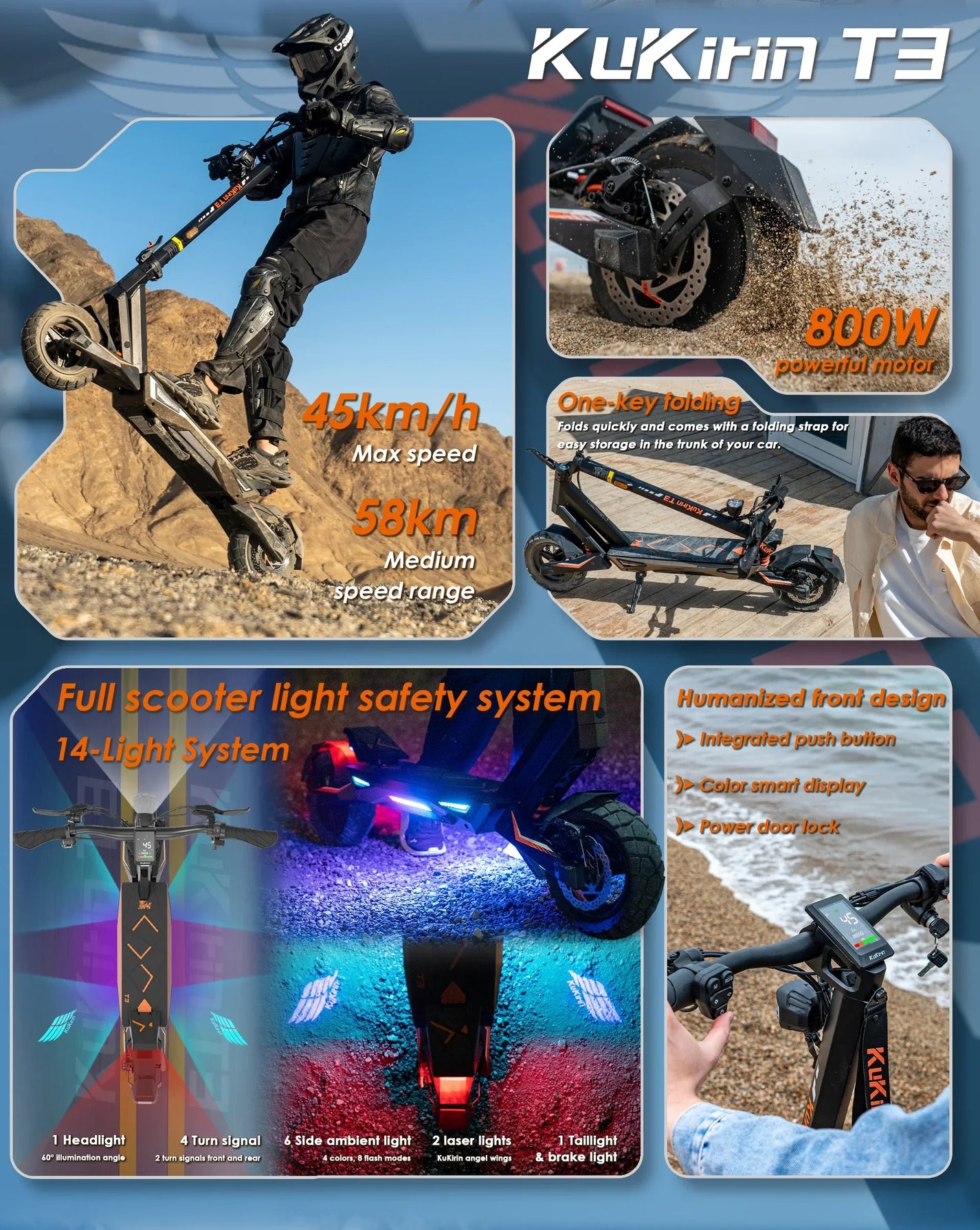 Electric scooter KuKirin T3 – collage of features and riding shots