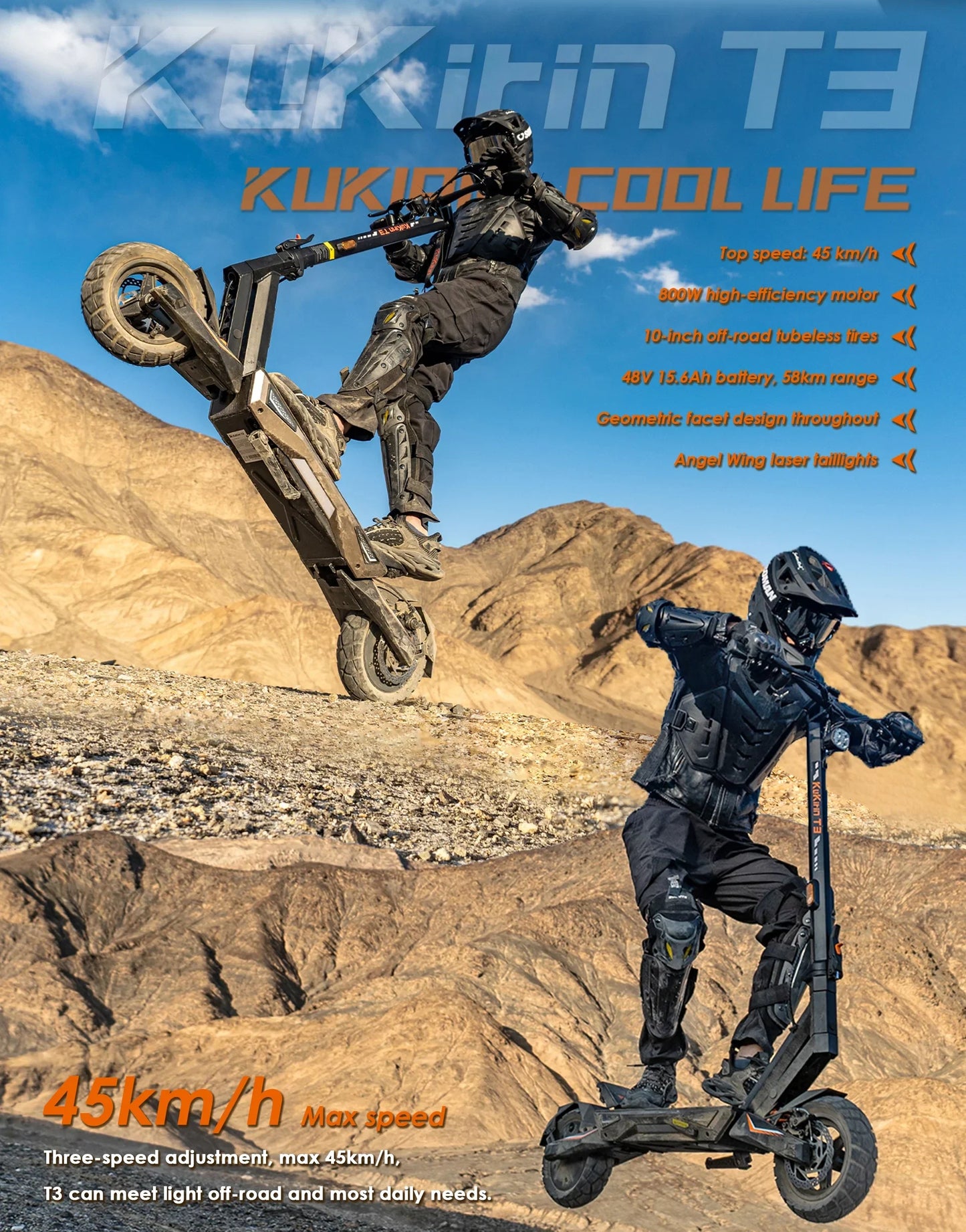 Electric scooter KuKirin T3 – two riders performing stunts on scooter