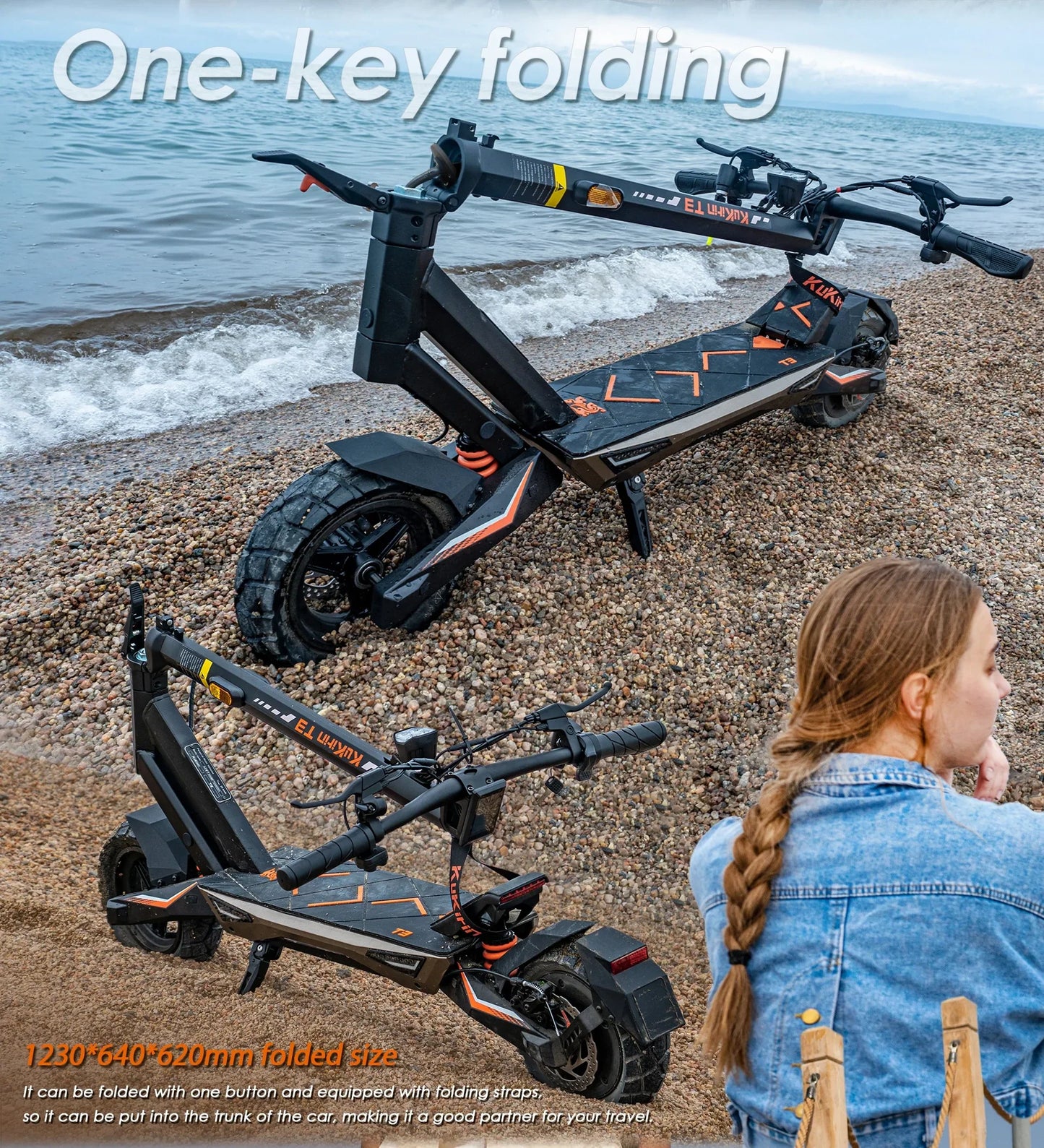 Electric scooter KuKirin T3 – folded and unfolded on beach