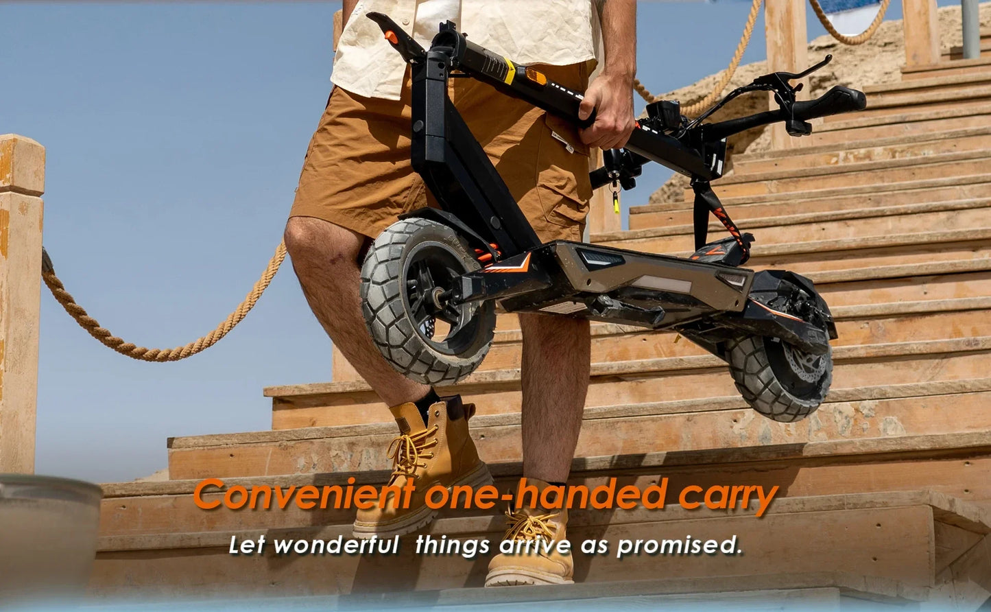 Electric scooter KuKirin T3 – person carrying folded scooter up stairs