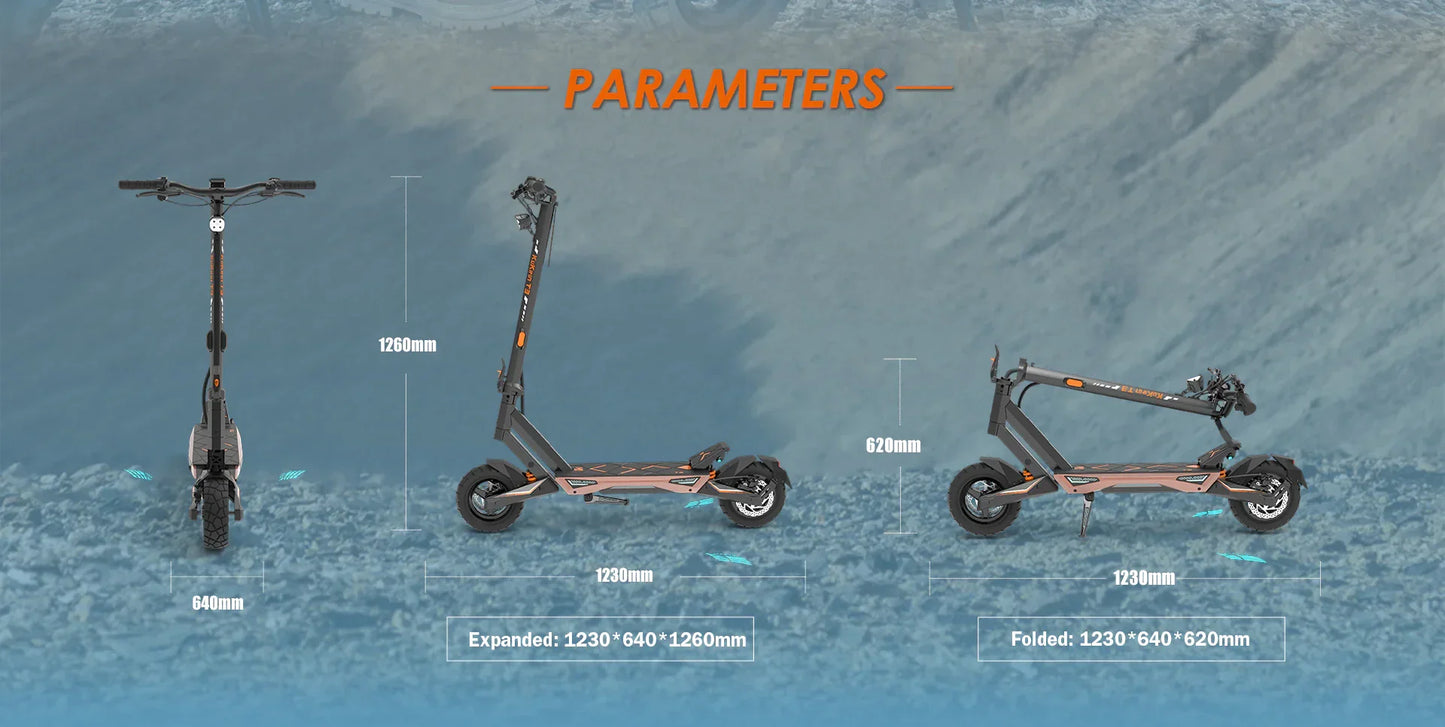 Electric scooter KuKirin T3 – dimensions infographic expanded and folded