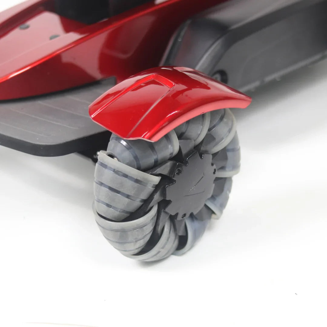 Electric Mobility Scooter Mijo Md08, featuring a sleek red body and innovative flexible wheels for stability.
