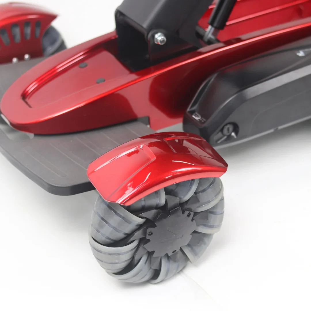 Electric Mobility Scooter Mijo Md08 features a sleek red body with durable rubber wheels for stability.