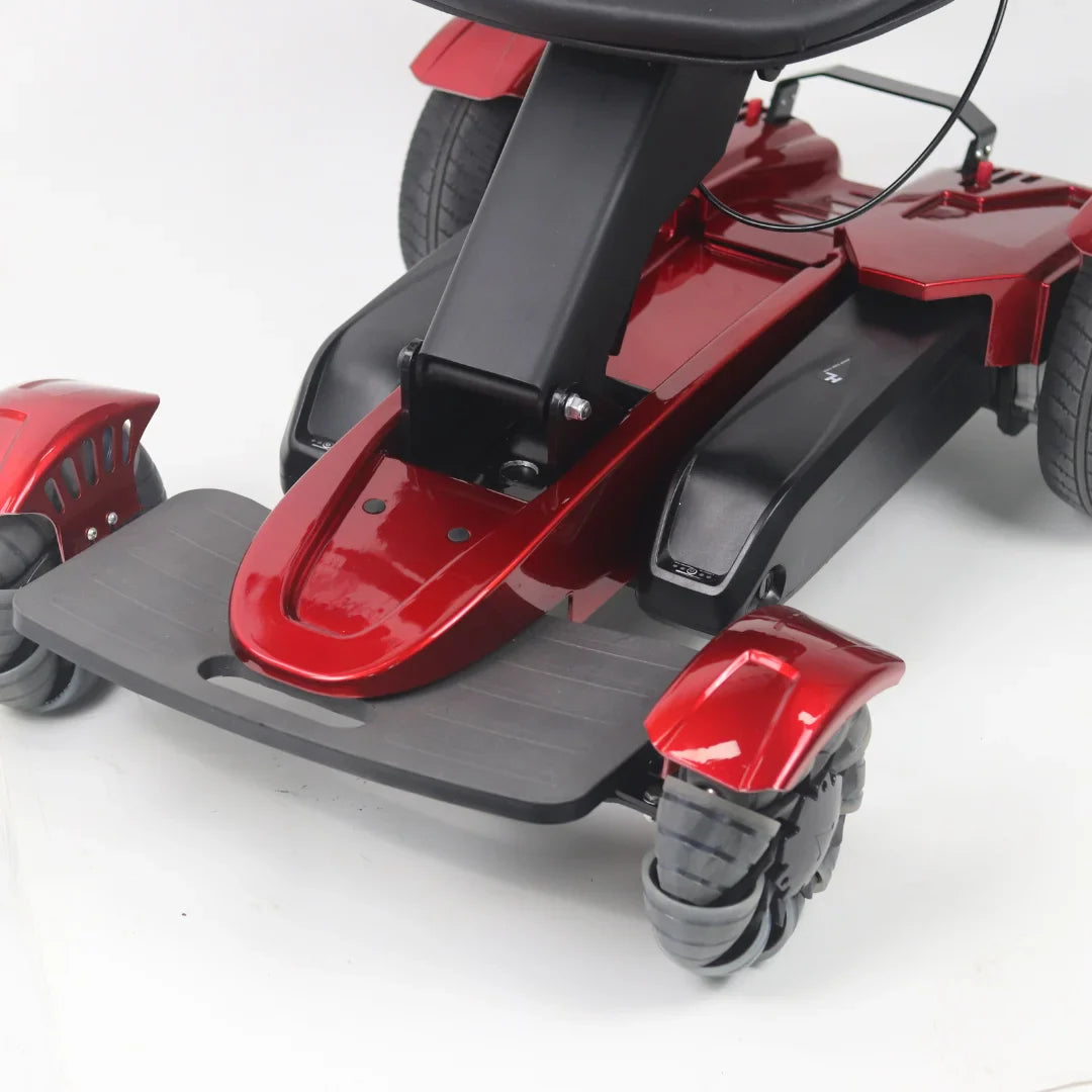 Electric Mobility Scooter Mijo Md08 features a sleek red design, ergonomic footrest, and durable tires for stability.