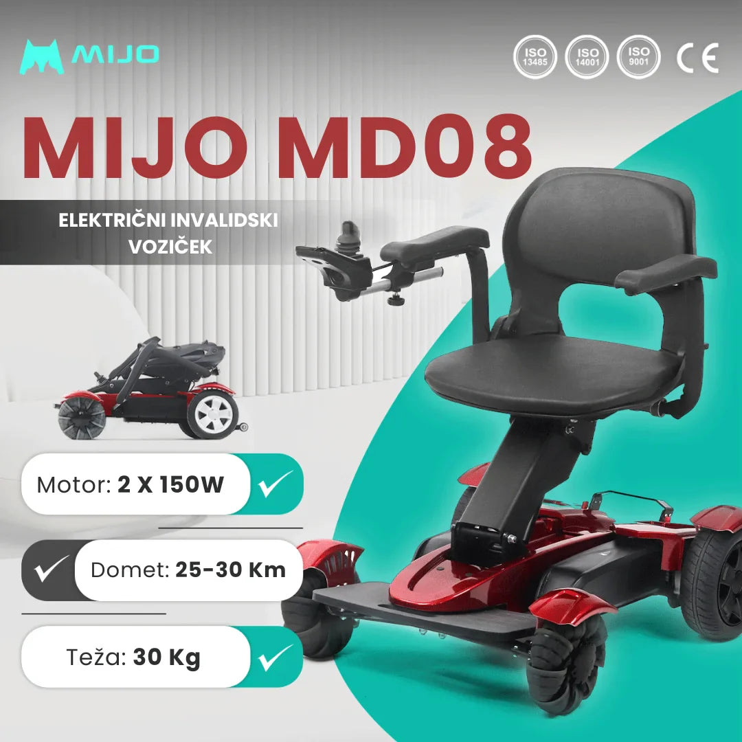 Electric Mobility Scooter Mijo Md08 features a compact design, dual 150W motors, a travel range of 25-30 km, and weighs 30 kg.