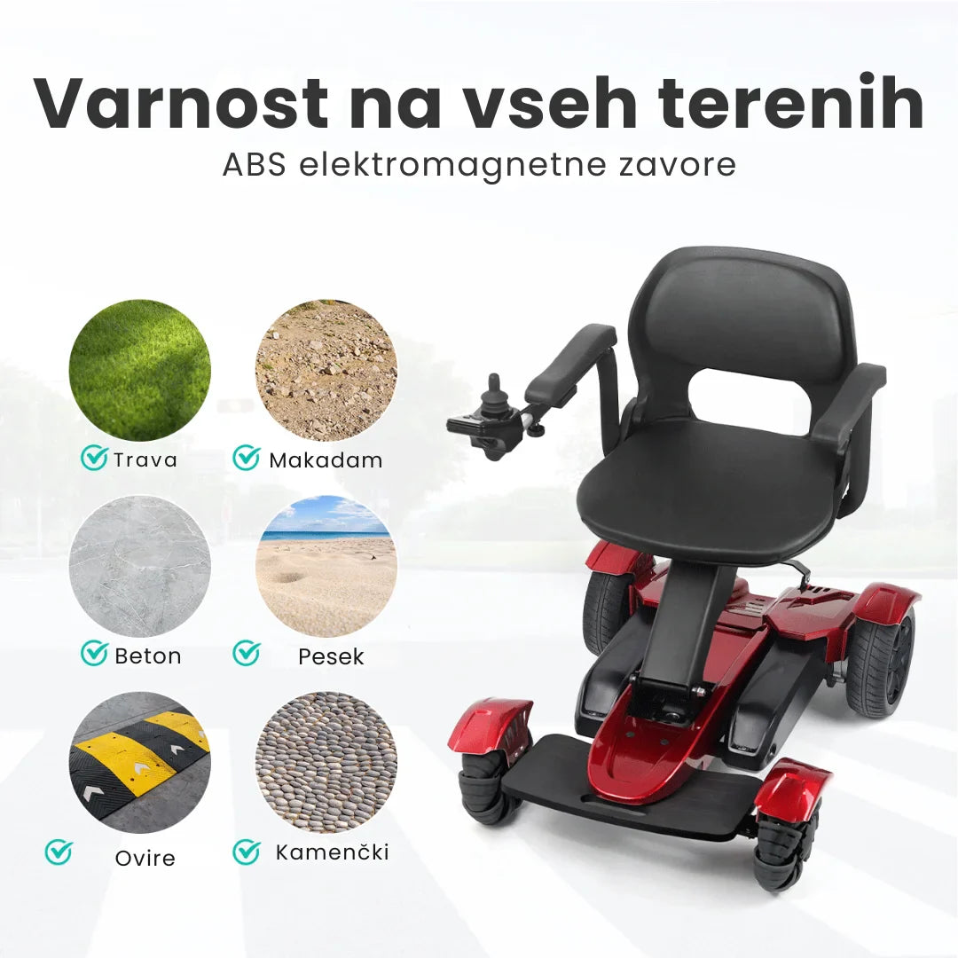Electric Mobility Scooter Mijo Md08 features a sleek design with advanced ABS electromagnetic brakes for safety on various terrains, including grass, gravel, concrete, sand, curbs, and pebbles.