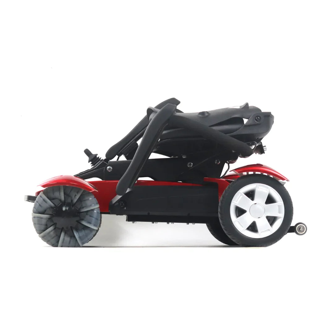 Electric Mobility Scooter Mijo Md08, compact and folded design, features sturdy wheels and comfortable seating.