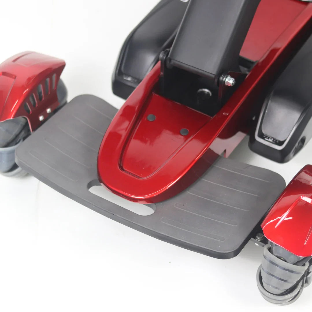 Electric Mobility Scooter Mijo Md08 features a sleek red design with a comfortable footrest and sturdy wheels.