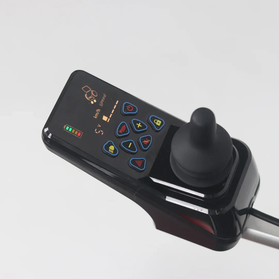 Electric Mobility Scooter Mijo Md08 features a sleek control panel with joystick and various buttons for easy navigation.
