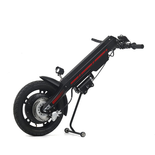 Electric Handbike Mijo Mt03 features a sleek black design with red accents, compact, foldable frame, and sturdy tire.