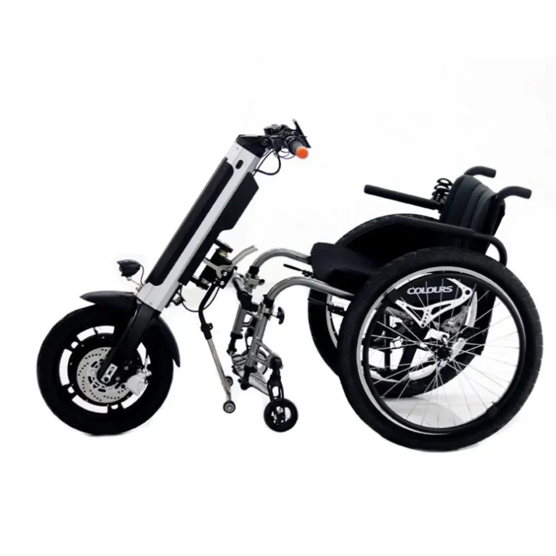 Electric Handbike Mijo Mt03 features a sleek design combining electric drivetrain and wheelchair functionality.