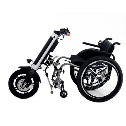 Electric Handbike Mijo Mt03 features a sleek design combining electric drivetrain and wheelchair functionality.
